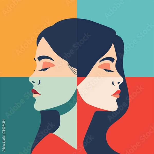 Obraz Two women's faces, back to back. Artboard divided into quarters. Quartered woman emotions