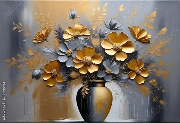 Fototapeta The Elegant Fusion of Gold and Gray in Abstract Floral Art