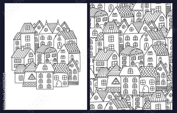 Fototapeta Doodle houses coloring pages set. Black and white templates bundle with city landscape for coloring book. Outline background. Vector illustration