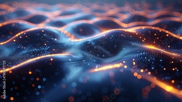 Fototapeta Cyber big data flow. Blockchain data fields. Network line connect stream. Concept of AI technology, digital communication, science research, 3D illustration music waves.