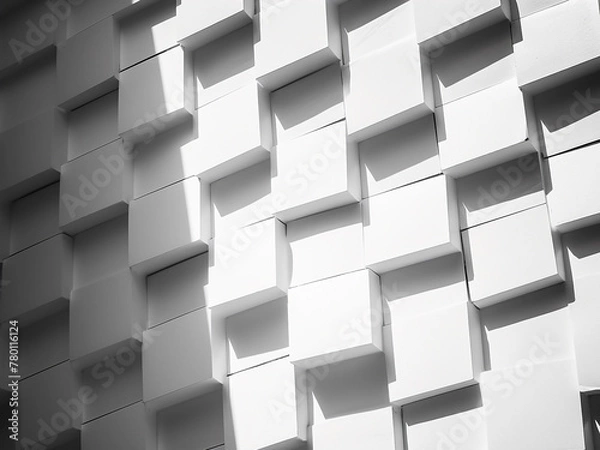 Fototapeta Diagonal patterns of sunlight adorn a white brick wall in abstract form