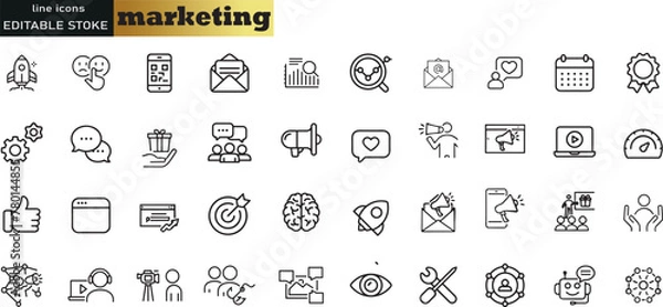 Fototapeta Digital marketing icons set. Content, search, marketing, ecommerce, seo, electronic devices, internet, analysis, social and more line icon.
