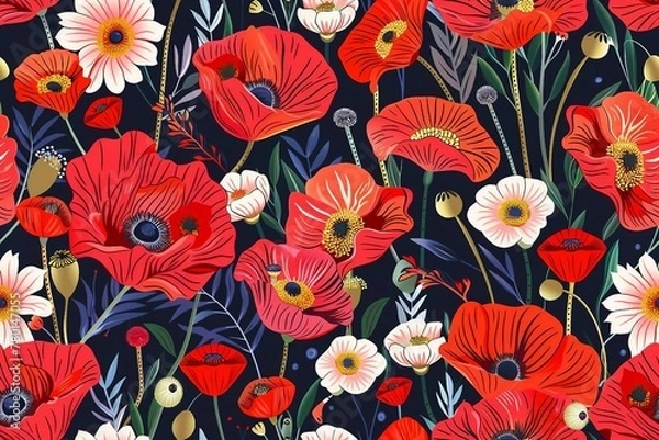 Fototapeta Seamless pattern with vibrant red poppie floral . wildflower pattern for nursery decoration. .
