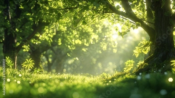 Fototapeta Sunlit green forest glade with soft rays