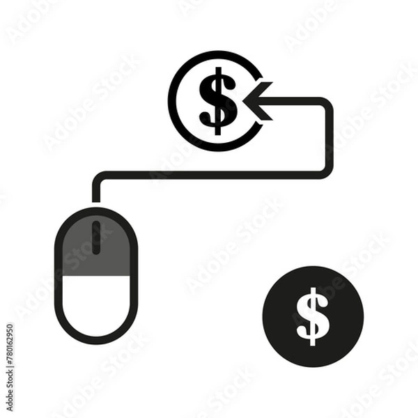 Fototapeta Online earning concept. Computer mouse connected to dollar. Pay per click advertising. Vector illustration. EPS 10.