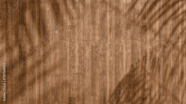 Fototapeta top view of soft brown table with high resolution texture and palm leafs shadows, summer table background with empty space for text or design, soft cozy sunny table backdrop, wooden texture seamless