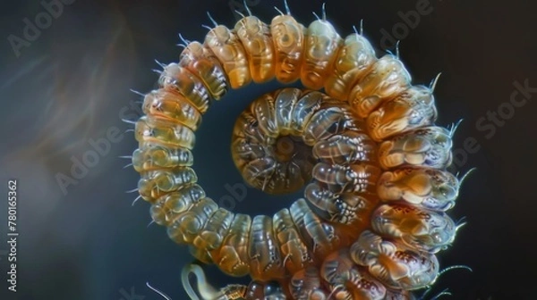 Fototapeta A highly magnified image of a tiny insect larvae with its soft and pliable body segmented and curled up in a spiral shape.