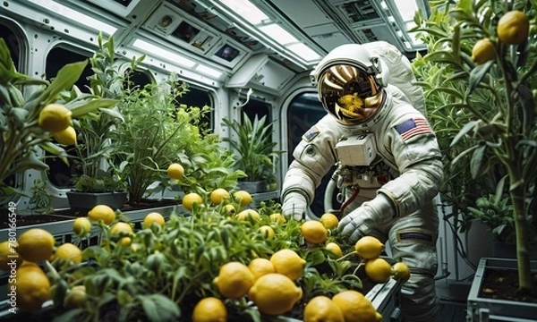 Fototapeta Astronaut tending to a garden aboard a space station, cultivating life in space
