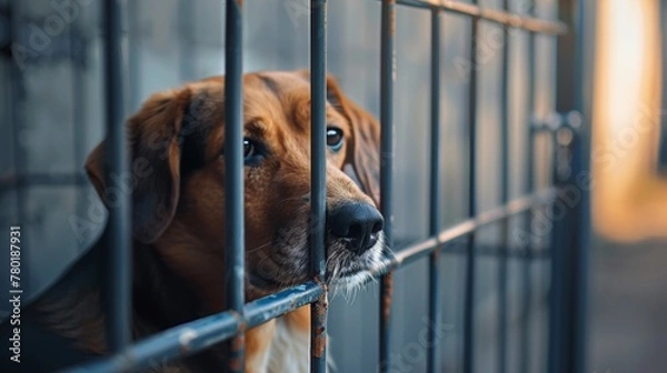 Fototapeta A forlorn brown dog peers through a rusty metal fence, possibly awaiting adoption.