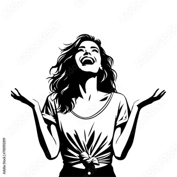 Obraz minimalist Photo of excited cheerful woman wear shirt smiling open mouth rising arms palms isolated vector black color silhouette, Black color silhouette png white background (12)