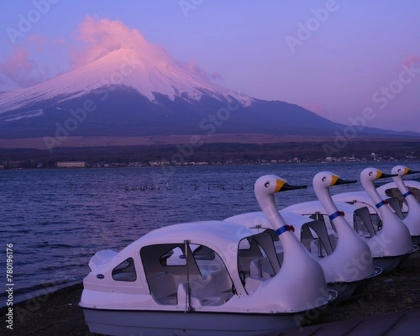 Fototapeta 早朝岸辺で眺望美しい世界遺産富士山　山中湖　スワン遊覧船