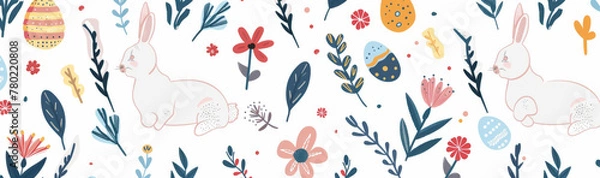 Fototapeta Vector illustration of easter pattern with bunnies, eggs and flowers on white background