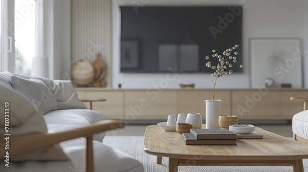 Fototapeta Scandinavian style designed living room interior scene on cloudy weather. ( 3d render )