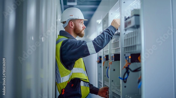 Obraz A male electrician wearing a high visibility vest and hard hat is working on an electrical panel inside a modern data center. In a side view