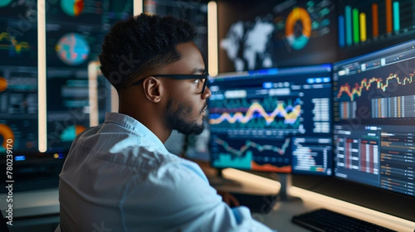 Fototapeta Data analyst, accountant, business owner, financial works with data, graphs behind monitors