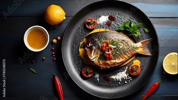 Obraz Asian fish fry served on a wooden table, featuring fried fish and vegetables on a white dish.