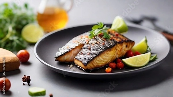 Obraz Asian fish fry served on a wooden table, featuring fried fish and vegetables on a white dish.