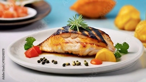 Obraz Asian fish fry served on a wooden table, featuring fried fish and vegetables on a white dish.