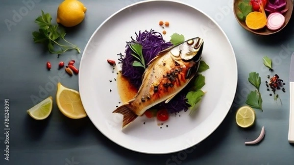 Obraz Asian fish fry served on a wooden table, featuring fried fish and vegetables on a white dish.