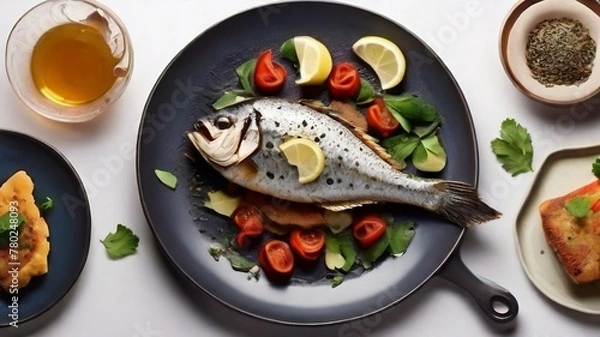 Obraz Asian fish fry served on a wooden table, featuring fried fish and vegetables on a white dish.