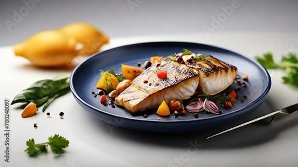 Obraz Asian fish fry served on a wooden table, featuring fried fish and vegetables on a white dish.