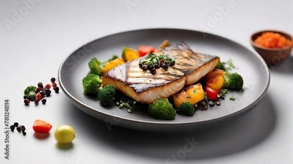 Obraz Asian fish fry served on a wooden table, featuring fried fish and vegetables on a white dish.