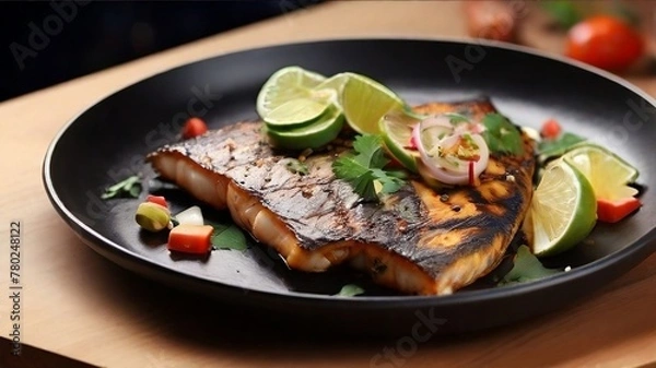 Obraz Asian fish fry served on a wooden table, featuring fried fish and vegetables on a white dish.