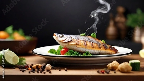 Obraz Asian fish fry served on a wooden table, featuring fried fish and vegetables on a white dish.
