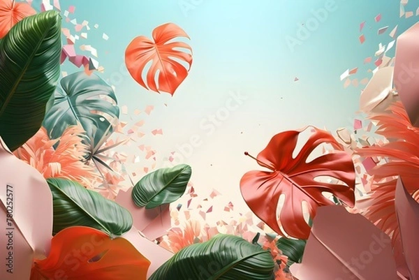 Fototapeta Floral pattern, green, black and white philodendron plant with vines on a white background, bright pink and green theme, generated by AI. 3D illustration