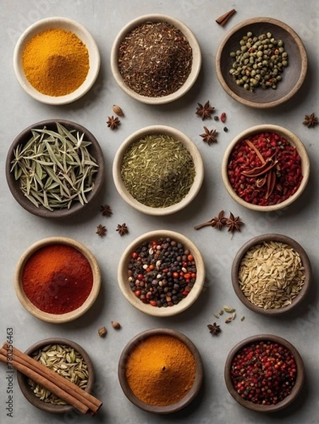 Fototapeta Various oriental spices and spices on a black background.