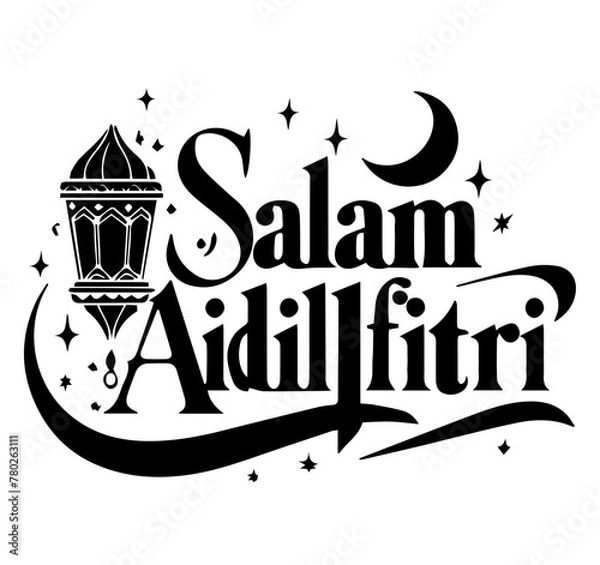 Fototapeta Salam Aidilfitri text vector illustration in black and white. Eid celebration, with lantern, stars and crescent moon