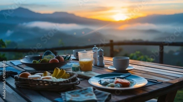 Fototapeta A serene breakfast scene with a sunrise view, featuring a healthy and balanced meal to start the day.