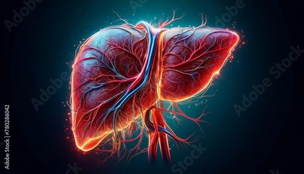 Fototapeta A detailed illustration of a human liver, highlighting its internal structure and blood supply in an artistic style.