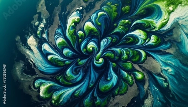 Fototapeta An aerial close-up of vibrant blue and green algae patterns swirling on the surface of a calm body of water.