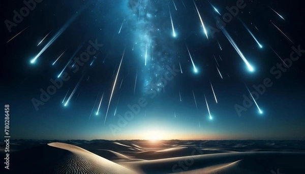 Fototapeta A close view of a meteor shower with shooting stars illuminating the desert sky, where the landscape is barely visible.