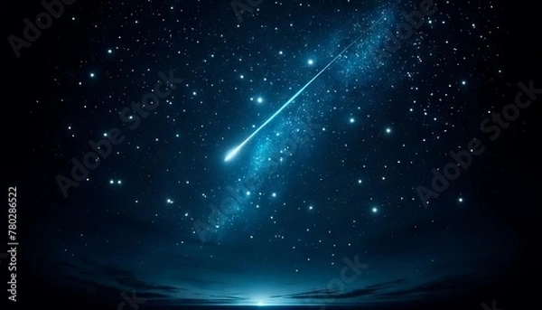 Fototapeta A dark blue starry night sky with a single, bright shooting star streaking across it.