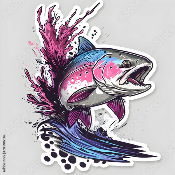 Fototapeta a sticker of a steelhead trout jumping out of the water to eat a pink hairy fly  Ai generative 