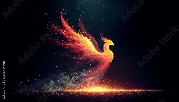 Fototapeta An illustration of a phoenix silhouette arising from a base of scattered light particles, symbolizing rebirth or new beginnings in a digital realm.