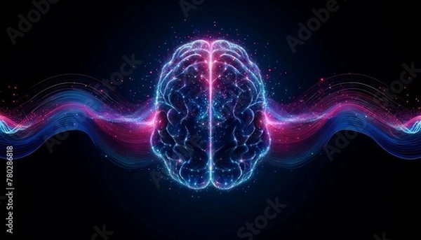 Fototapeta Visualizing a series of light particle waves converging to form the shape of a human brain.