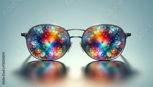 Fototapeta A pair of eyeglasses with lenses that reflect a kaleidoscope of colors, representing diverse perspectives and insights.