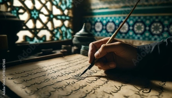 Fototapeta Capture a calligrapher's hand in the process of writing, using a traditional reed pen to inscribe Arabic poetry on parchment.