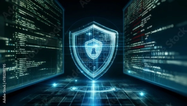 Fototapeta A computer screen filled with code, with a large digital shield icon in the foreground symbolizing antivirus protection.