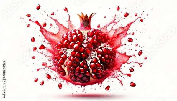 Fototapeta A close-up of a pomegranate seed explosion with droplets of red juice bursting out against a stark white background.