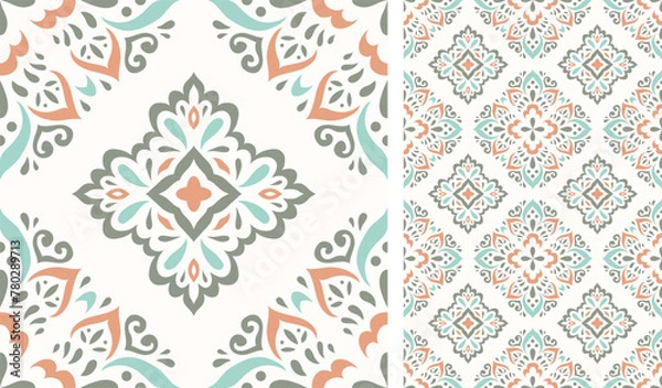 Fototapeta Cute scandinavian style ethnic seamless pattern. Hugge and calm hand drawn design. Moroccan tile. Mexican Spanish Talavera. Endless swatch with arabesque.