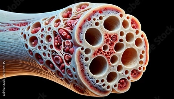 Fototapeta A close-up cross-section of a human bone, perhaps the femur, showing the marrow, blood supply, and the detailed structure of spongy and compact bone.
