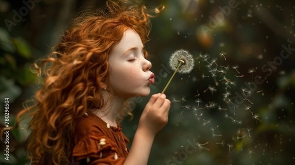 Fototapeta Curly red-haired girl in nature, blowing a dandelion with seeds dispersing.