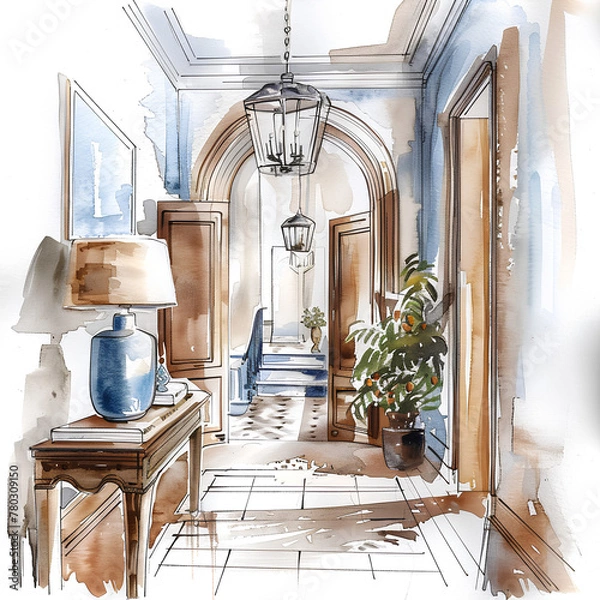 Obraz Watercolor Illustration of a Classic Corridor with Arched Doorways and Pendant Lighting