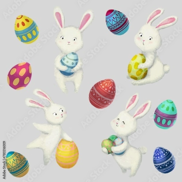 Obraz Easter set with cute white rabbits and colored eggs