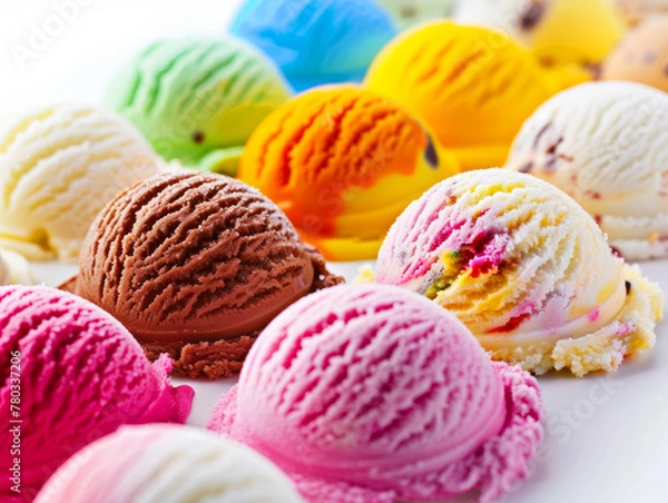 Fototapeta Assorted colorful ice cream scoops in a row, representing a variety of flavors