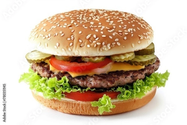 Fototapeta Fresh tasty classic hamburger stock photo, isolated in white